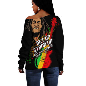 Legend Bob Get Up Stand Up Off Shoulder Sweater Black Jamaican Reggae Multicolored