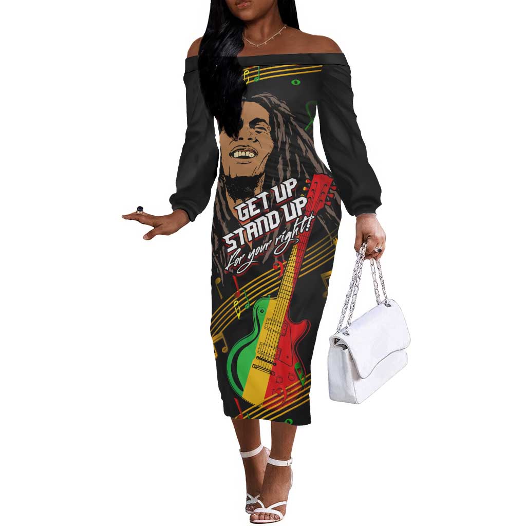 Legend Bob Get Up Stand Up Off The Shoulder Long Sleeve Dress Black Jamaican Reggae Multicolored