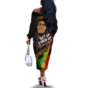 Legend Bob Get Up Stand Up Off The Shoulder Long Sleeve Dress Black Jamaican Reggae Multicolored