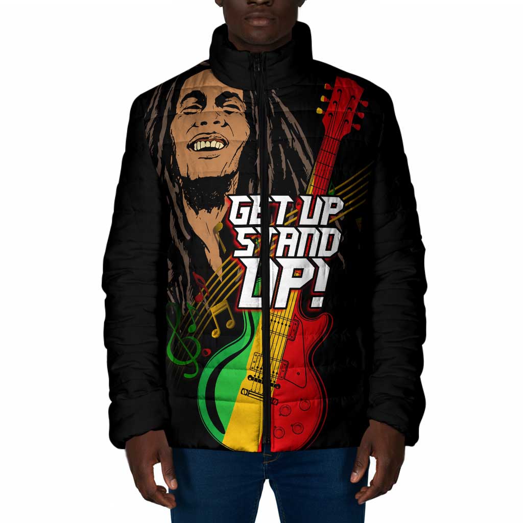 Legend Bob Get Up Stand Up Padded Jacket Black Jamaican Reggae Multicolored