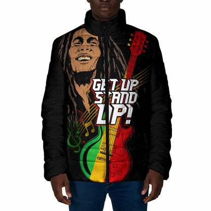 Legend Bob Get Up Stand Up Padded Jacket Black Jamaican Reggae Multicolored