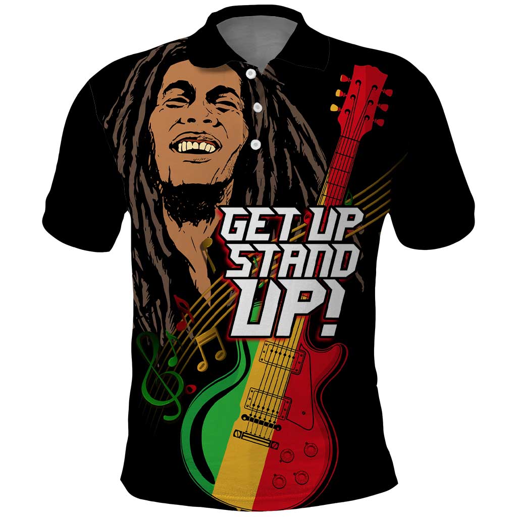 Legend Bob Get Up Stand Up Polo Shirt Black Jamaican Reggae Multicolored