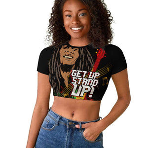 Legend Bob Get Up Stand Up Raglan Cropped T shirt Black Jamaican Reggae Multicolored