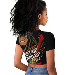 Legend Bob Get Up Stand Up Raglan Cropped T shirt Black Jamaican Reggae Multicolored