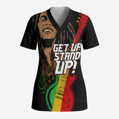 Legend Bob Get Up Stand Up Scrub Top Black Jamaican Reggae Multicolored