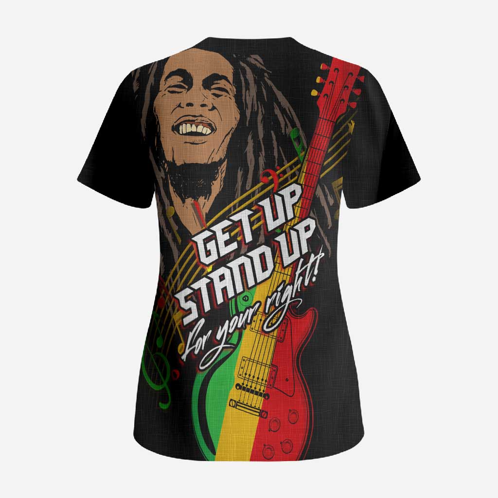 Legend Bob Get Up Stand Up Scrub Top Black Jamaican Reggae Multicolored
