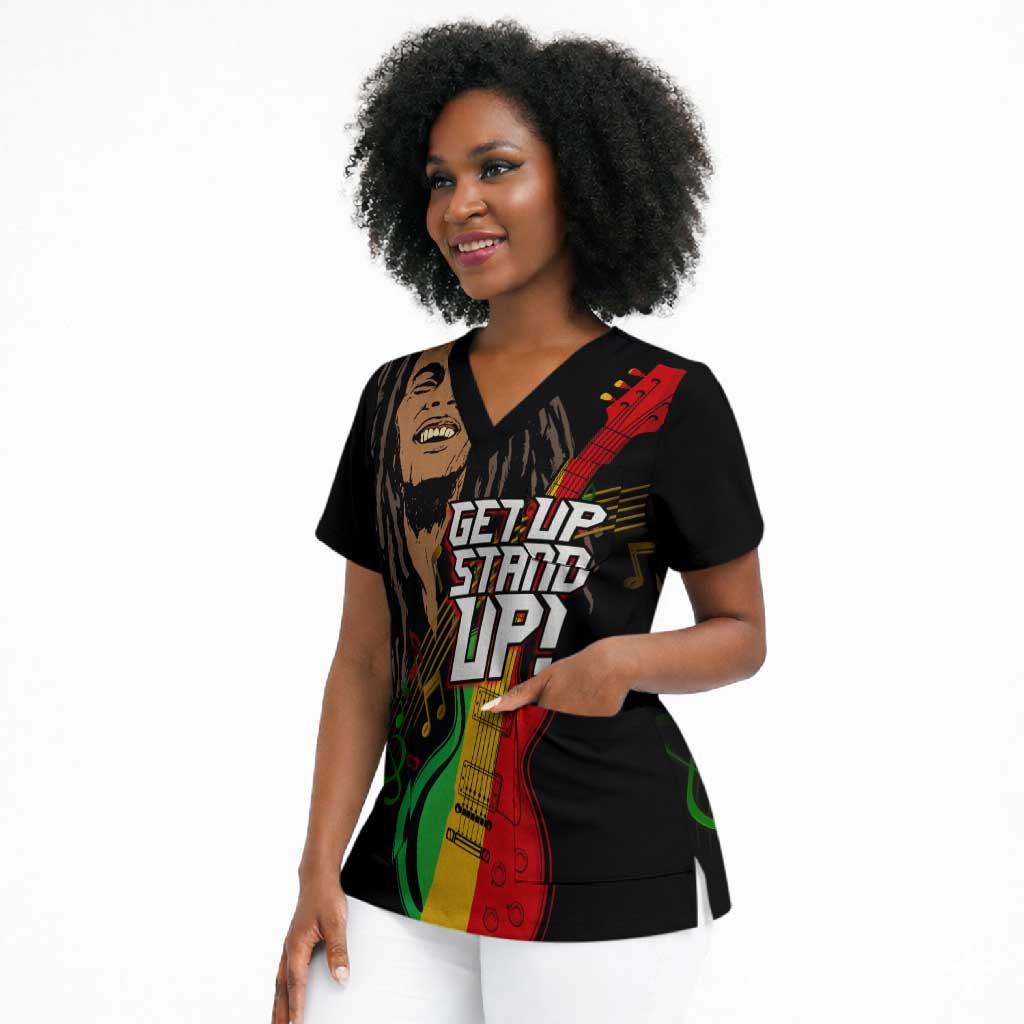Legend Bob Get Up Stand Up Scrub Top Black Jamaican Reggae Multicolored