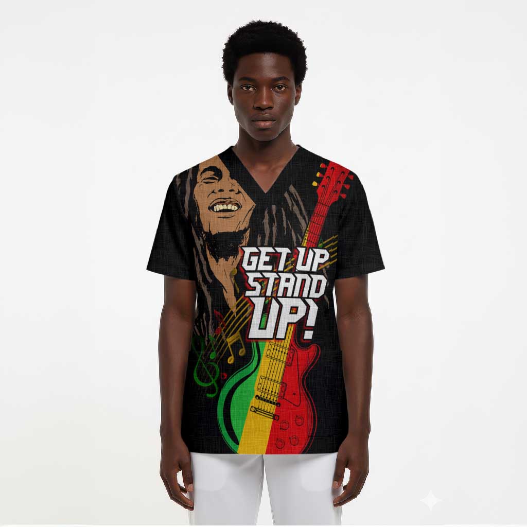 Legend Bob Get Up Stand Up Scrub Top Black Jamaican Reggae Multicolored