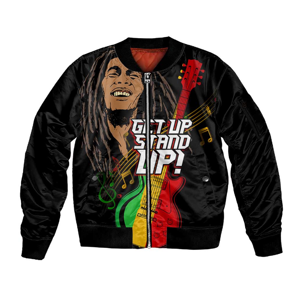 Legend Bob Get Up Stand Up Sleeve Zip Bomber Jacket Black Jamaican Reggae Multicolored