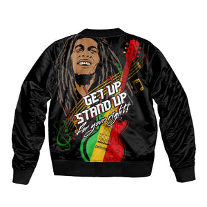 Legend Bob Get Up Stand Up Sleeve Zip Bomber Jacket Black Jamaican Reggae Multicolored