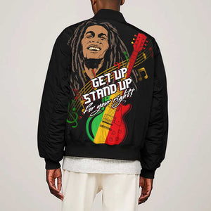 Legend Bob Get Up Stand Up Sleeve Zip Bomber Jacket Black Jamaican Reggae Multicolored