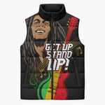 Legend Bob Get Up Stand Up Sleeveless Puffer Jacket Black Jamaican Reggae Multicolored