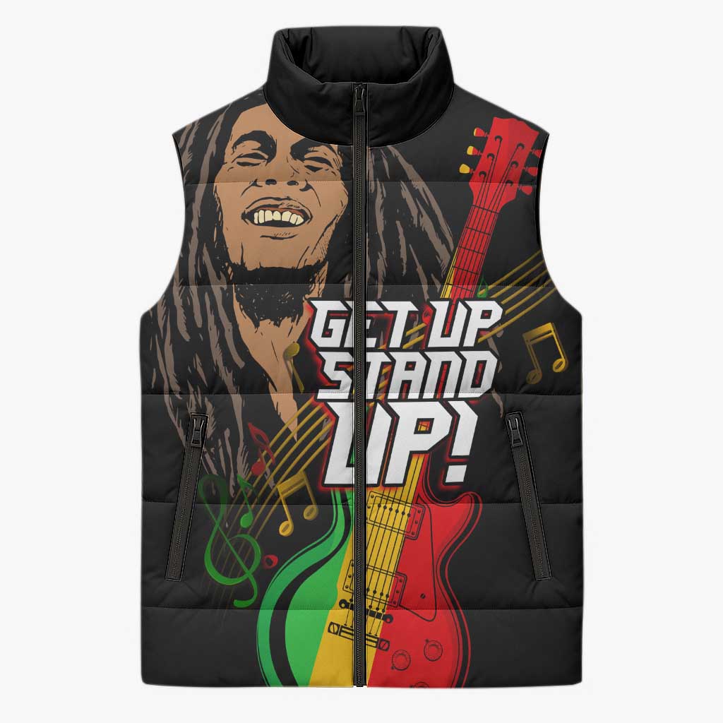 Legend Bob Get Up Stand Up Sleeveless Puffer Jacket Black Jamaican Reggae Multicolored