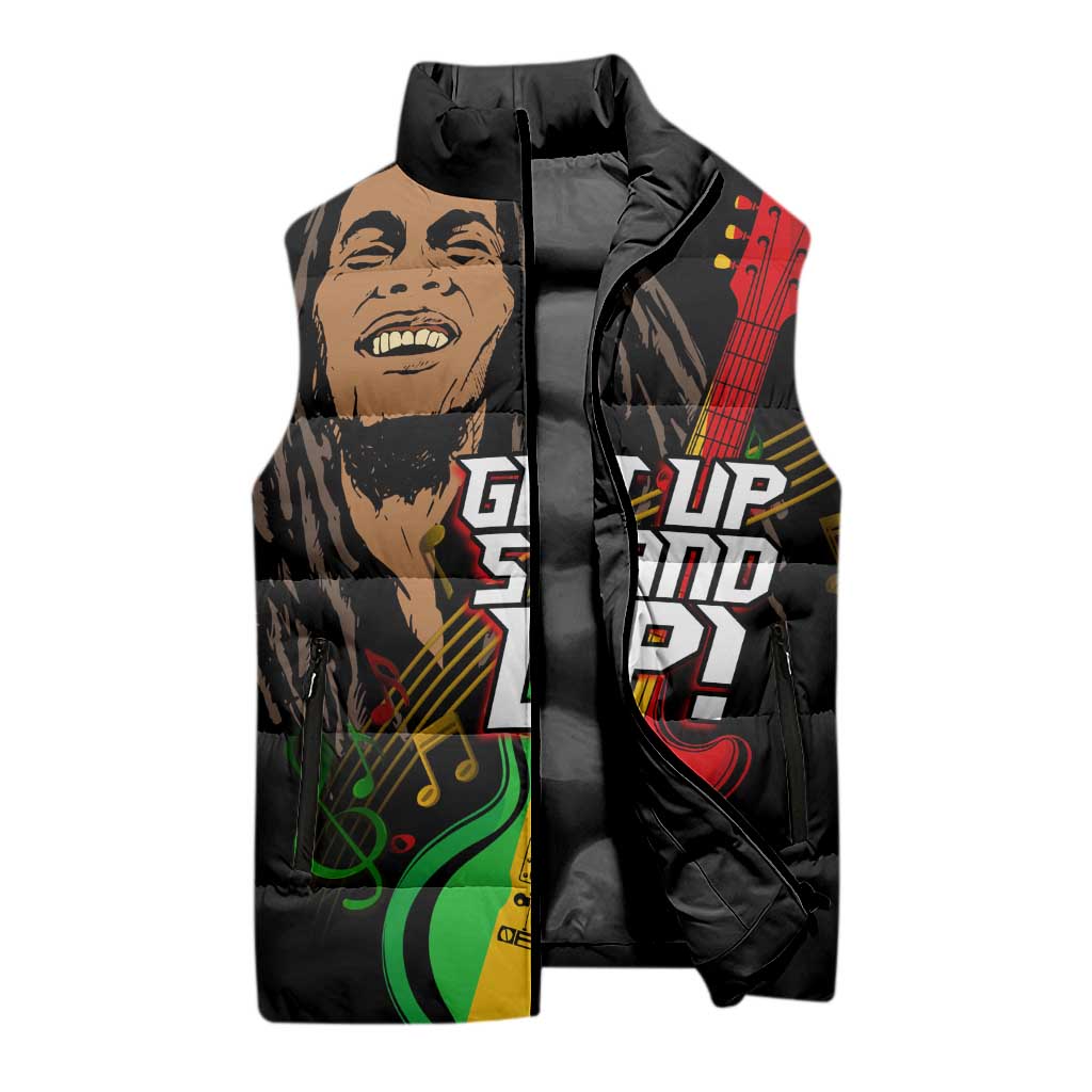 Legend Bob Get Up Stand Up Sleeveless Puffer Jacket Black Jamaican Reggae Multicolored