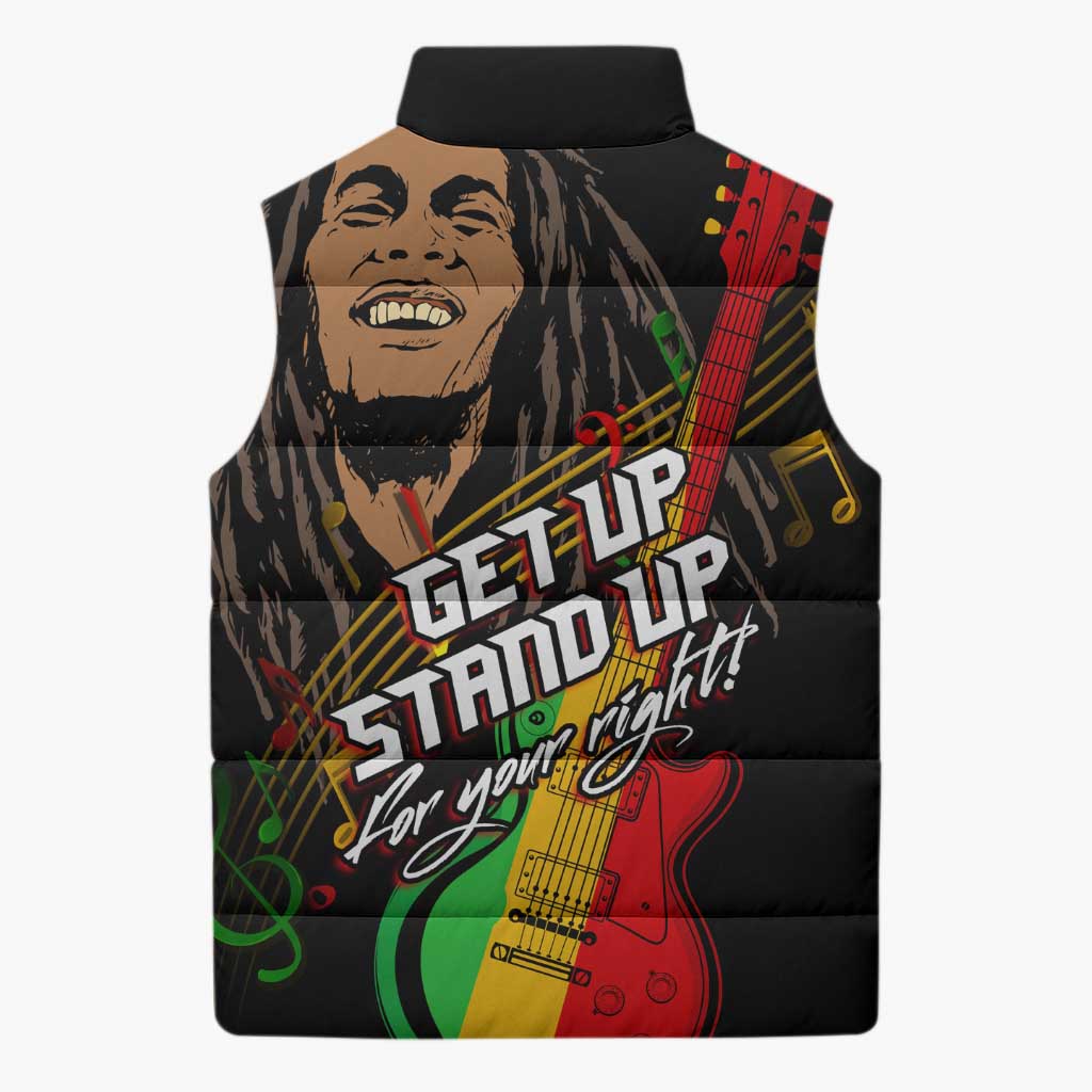 Legend Bob Get Up Stand Up Sleeveless Puffer Jacket Black Jamaican Reggae Multicolored