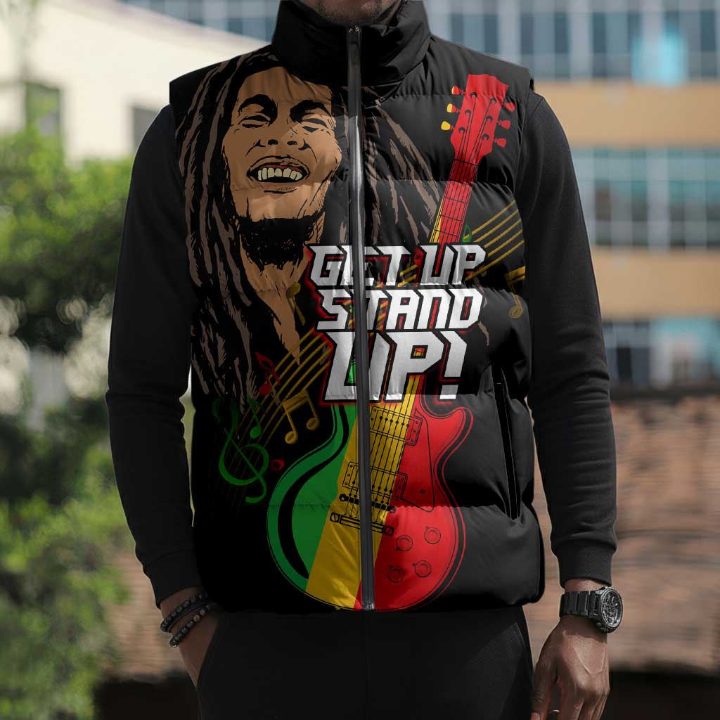 Legend Bob Get Up Stand Up Sleeveless Puffer Jacket Black Jamaican Reggae Multicolored