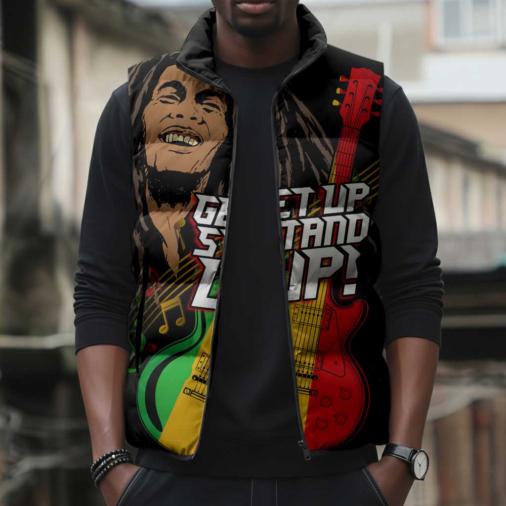 Legend Bob Get Up Stand Up Sleeveless Puffer Jacket Black Jamaican Reggae Multicolored