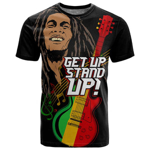 Legend Bob Get Up Stand Up T shirt Black Jamaican Reggae Multicolored