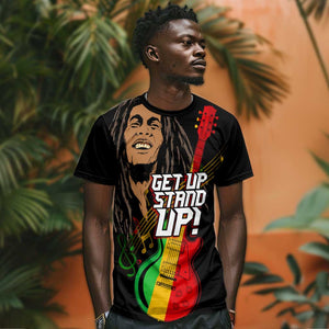 Legend Bob Get Up Stand Up T shirt Black Jamaican Reggae Multicolored