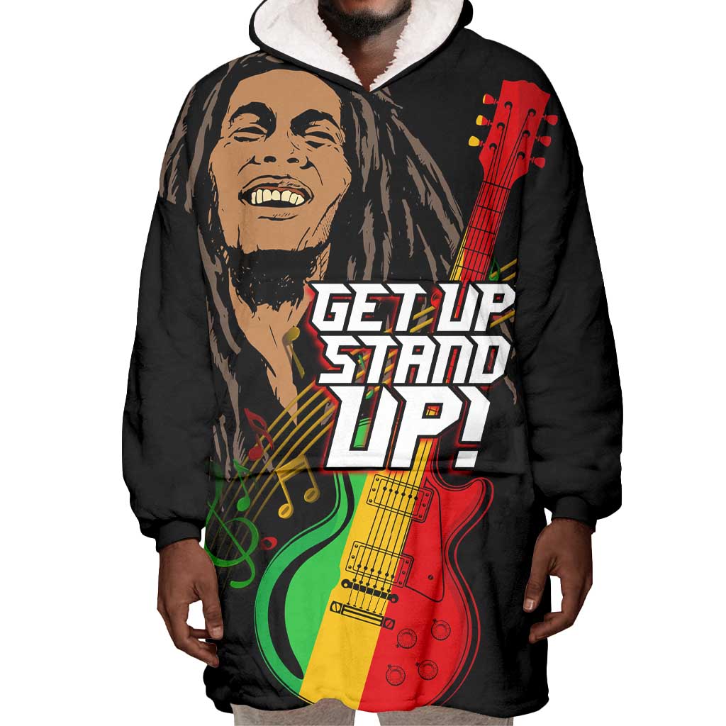 Legend Bob Get Up Stand Up Wearable Blanket Hoodie Black Jamaican Reggae Multicolored