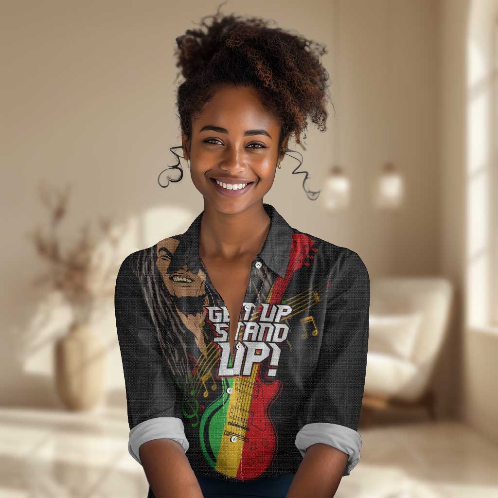 Legend Bob Get Up Stand Up Women Casual Shirt Black Jamaican Reggae Multicolored