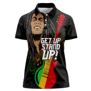 Legend Bob Get Up Stand Up Women Polo Shirt Black Jamaican Reggae Multicolored