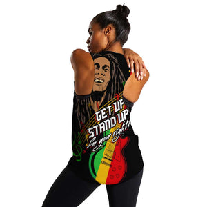 Legend Bob Get Up Stand Up Women Racerback Tank Black Jamaican Reggae Multicolored