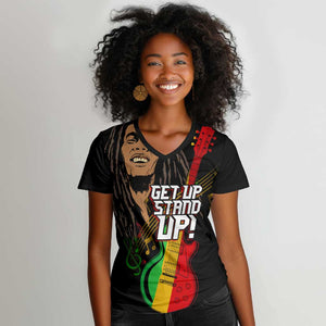 Legend Bob Get Up Stand Up Women V-Neck T-Shirt Black Jamaican Reggae Multicolored