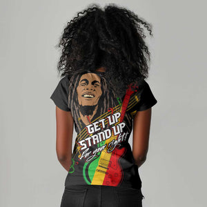 Legend Bob Get Up Stand Up Women V-Neck T-Shirt Black Jamaican Reggae Multicolored