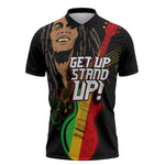 Legend Bob Get Up Stand Up Zipper Polo Shirt Black Jamaican Reggae Multicolored