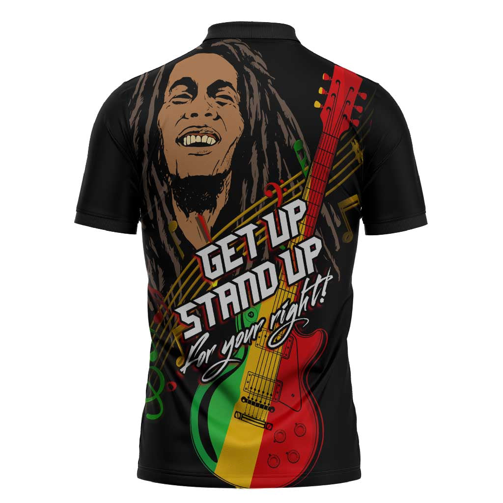 Legend Bob Get Up Stand Up Zipper Polo Shirt Black Jamaican Reggae Multicolored