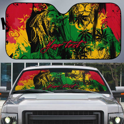 Personalized Rastafarian Lion Legend Bob Auto Sun Shade Black Jamaican Reggae Sketch Portrait