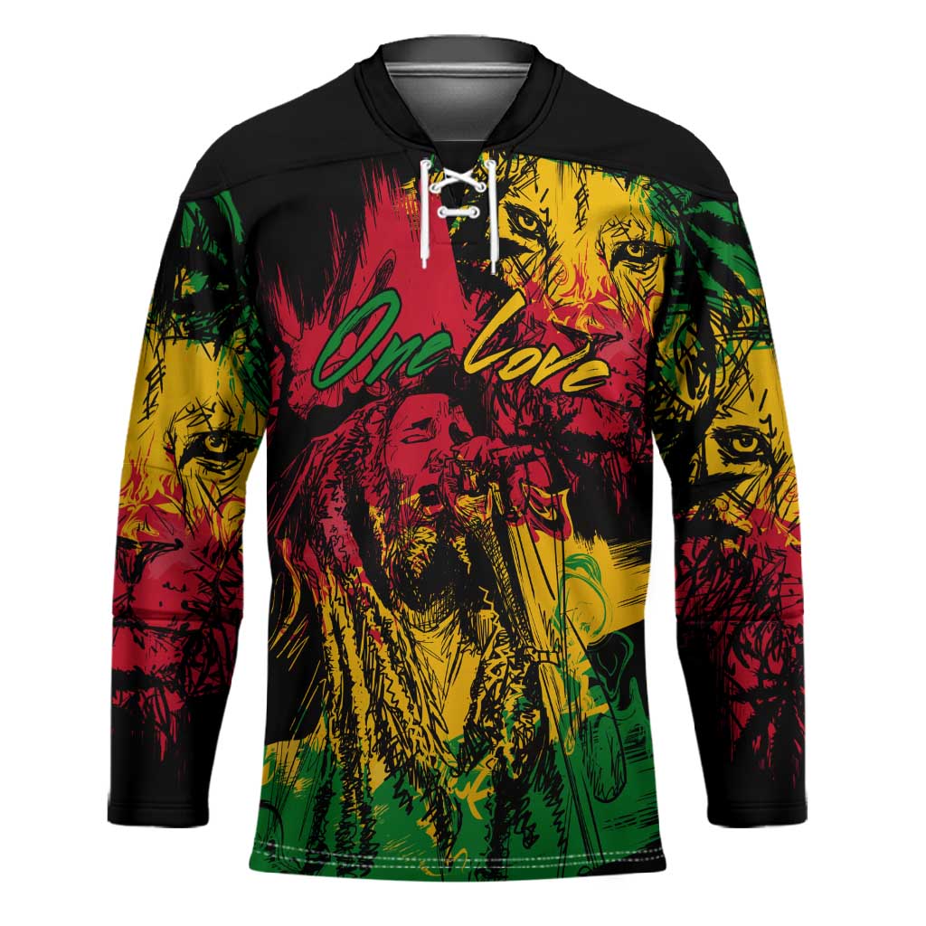 Personalized Rastafarian Lion Legend Bob Hockey Jersey Black Jamaican Reggae Sketch Portrait