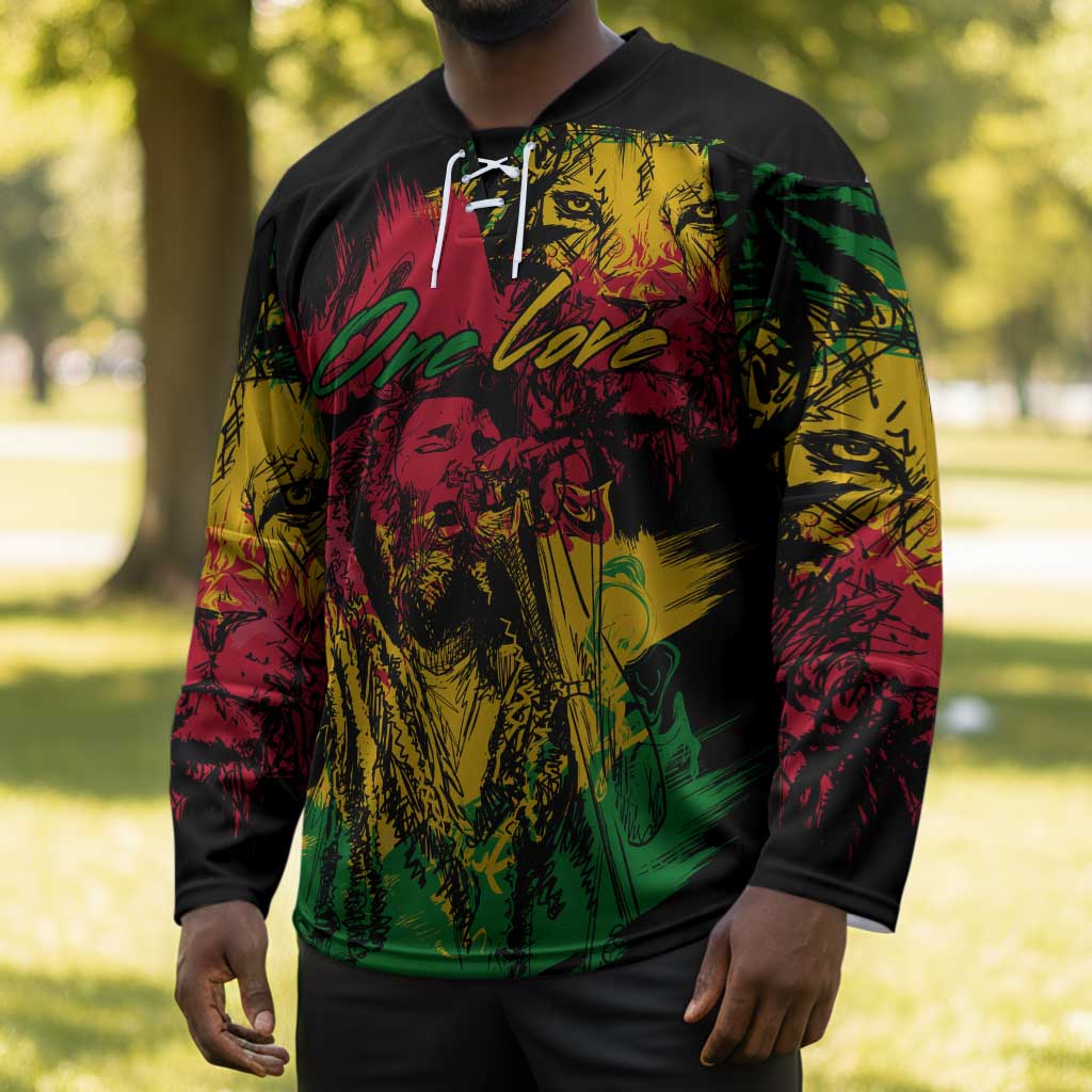 Personalized Rastafarian Lion Legend Bob Hockey Jersey Black Jamaican Reggae Sketch Portrait