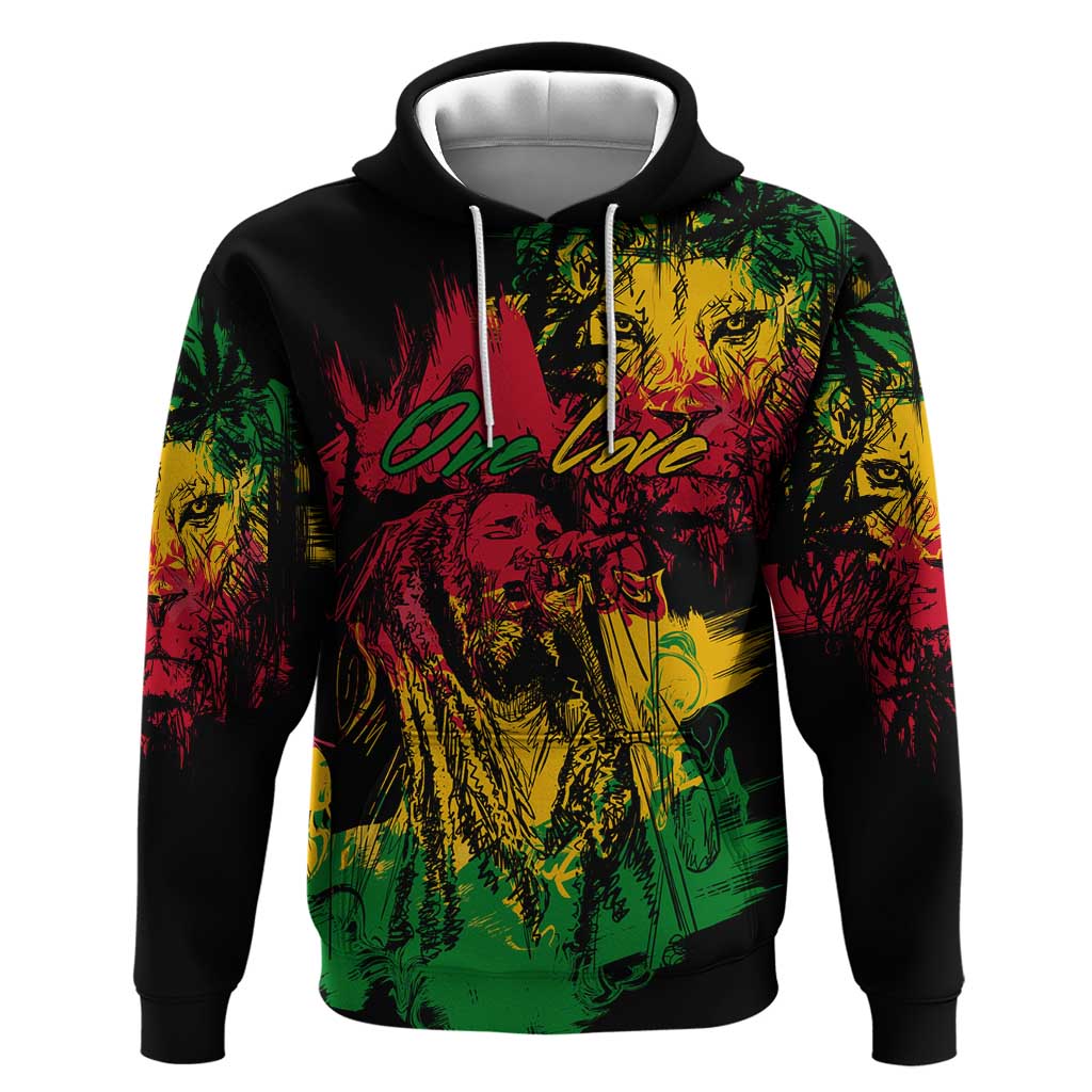 Rastafarian Lion Legend Bob Hoodie Black Jamaican Reggae Festival Sketch Portrait