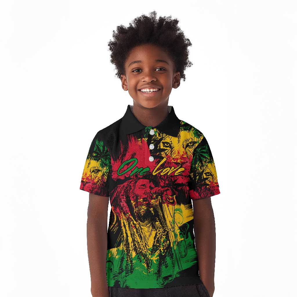 Rastafarian Lion Legend Bob Kid Polo Shirt Black Jamaican Reggae Festival Sketch Portrait