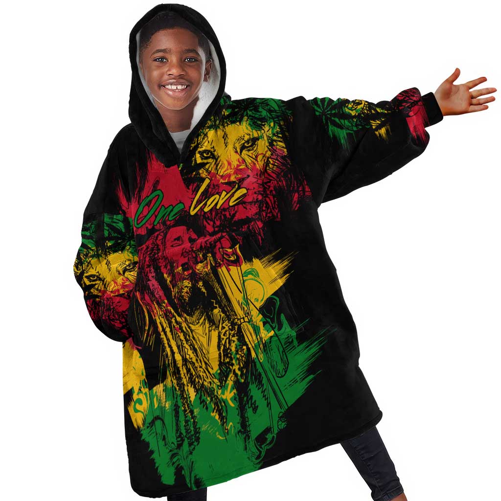 Rastafarian Lion Legend Bob Kid Wearable Blanket Hoodie Black Jamaican Reggae Festival Sketch Portrait