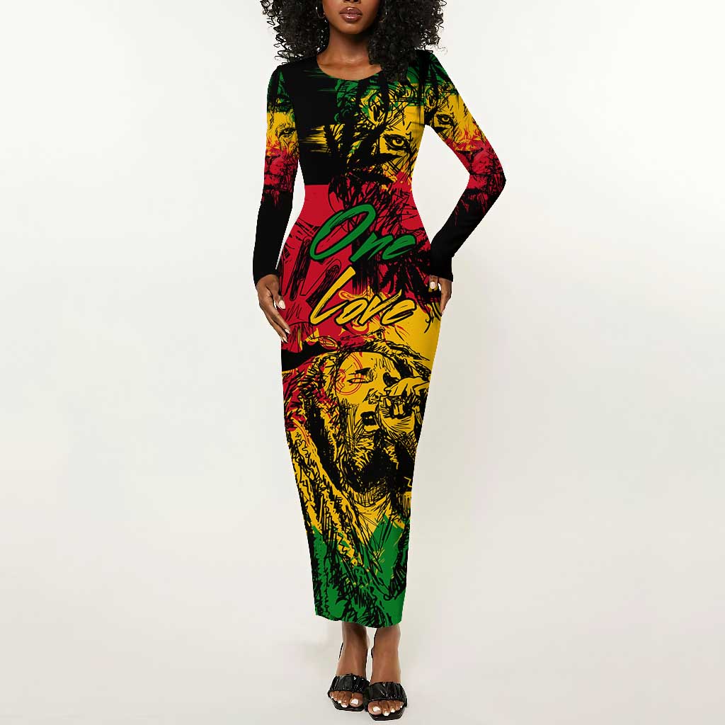 Rastafarian Lion Legend Bob Long Sleeve Bodycon Dress Black Jamaican Reggae Festival Sketch Portrait