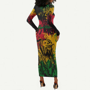 Rastafarian Lion Legend Bob Long Sleeve Bodycon Dress Black Jamaican Reggae Festival Sketch Portrait