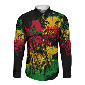 Rastafarian Lion Legend Bob Long Sleeve Button Shirt Black Jamaican Reggae Festival Sketch Portrait