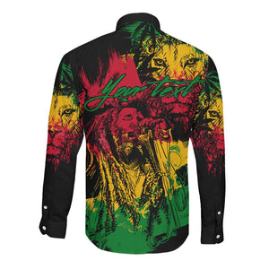 Rastafarian Lion Legend Bob Long Sleeve Button Shirt Black Jamaican Reggae Festival Sketch Portrait