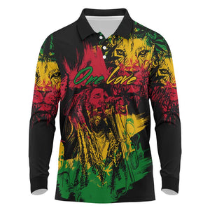 Rastafarian Lion Legend Bob Long Sleeve Polo Shirt Black Jamaican Reggae Festival Sketch Portrait