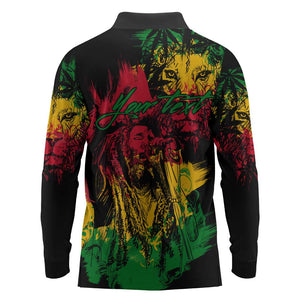 Rastafarian Lion Legend Bob Long Sleeve Polo Shirt Black Jamaican Reggae Festival Sketch Portrait