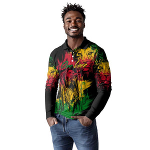 Rastafarian Lion Legend Bob Long Sleeve Polo Shirt Black Jamaican Reggae Festival Sketch Portrait