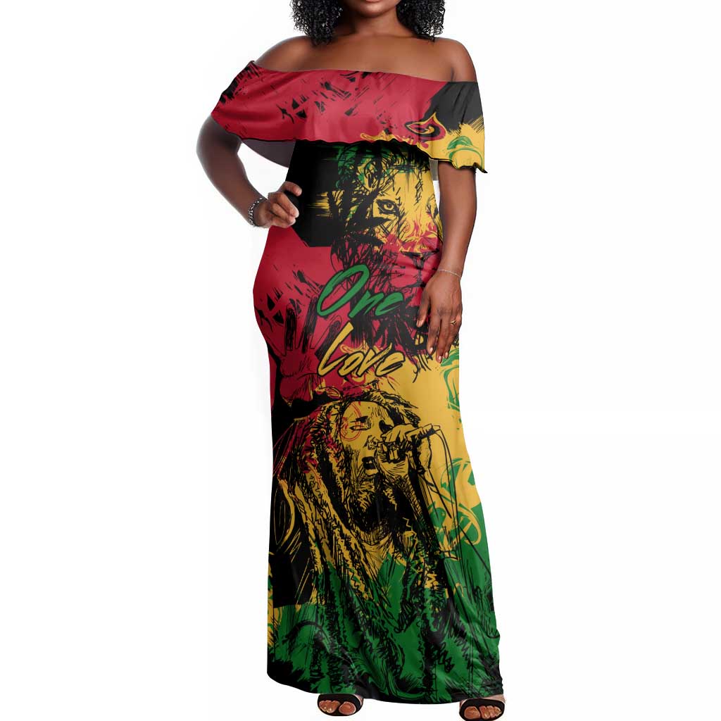 Rastafarian Lion Legend Bob Off Shoulder Maxi Dress Black Jamaican Reggae Festival Sketch Portrait