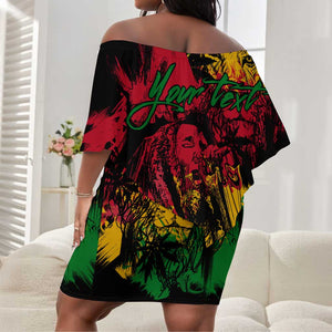 Rastafarian Lion Legend Bob Off Shoulder Short Dress Black Jamaican Reggae Festival Sketch Portrait