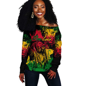 Rastafarian Lion Legend Bob Off Shoulder Sweater Black Jamaican Reggae Festival Sketch Portrait