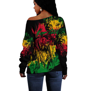 Rastafarian Lion Legend Bob Off Shoulder Sweater Black Jamaican Reggae Festival Sketch Portrait