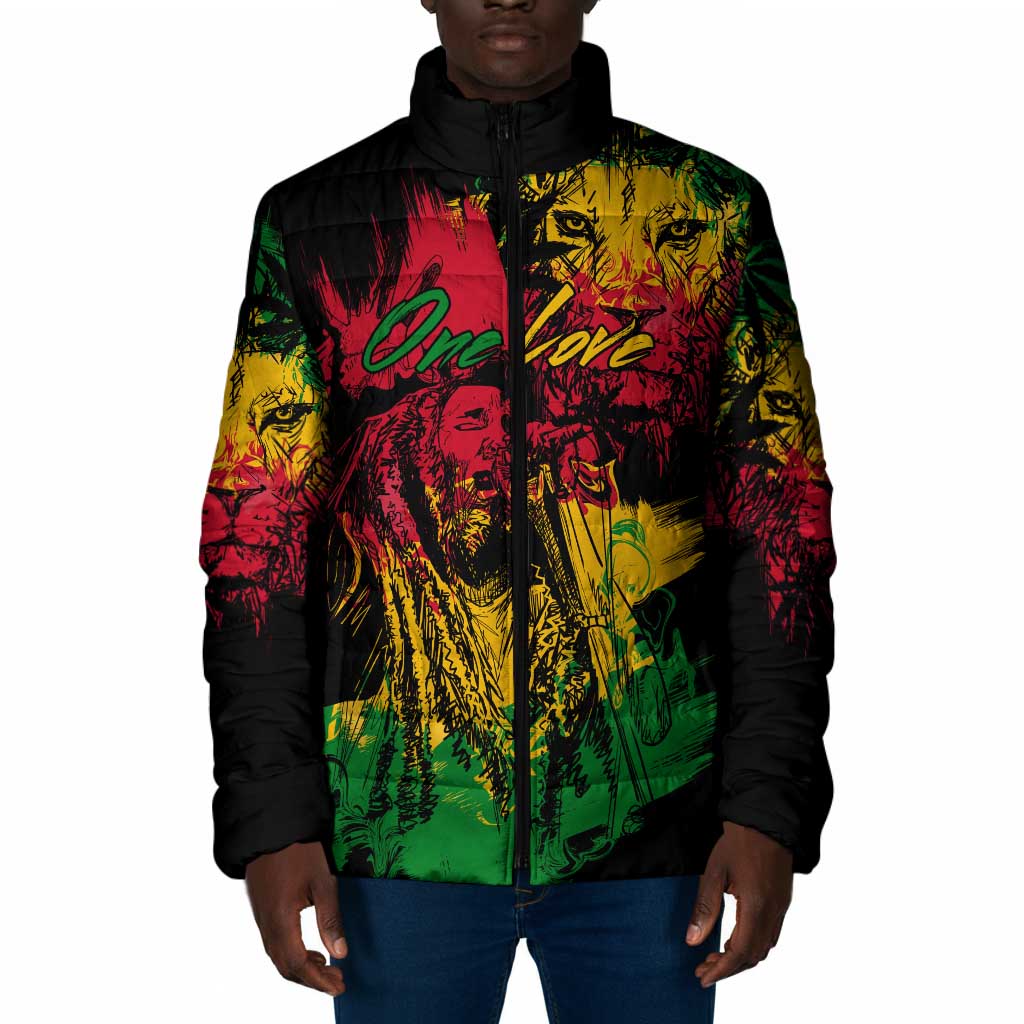 Personalized Rastafarian Lion Legend Bob Padded Jacket Black Jamaican Reggae Sketch Portrait