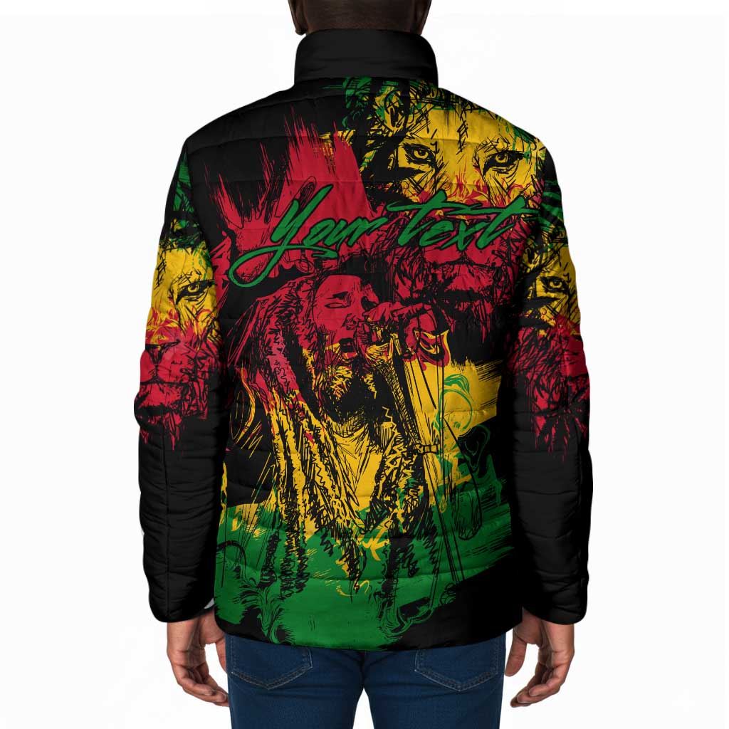 Personalized Rastafarian Lion Legend Bob Padded Jacket Black Jamaican Reggae Sketch Portrait